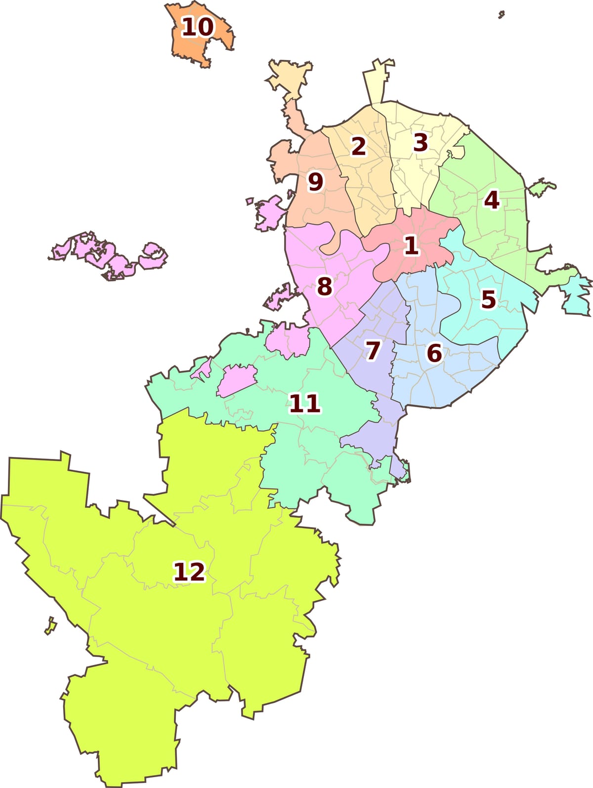 Kaart van de wijken, districten en stadsdelen van Moskou